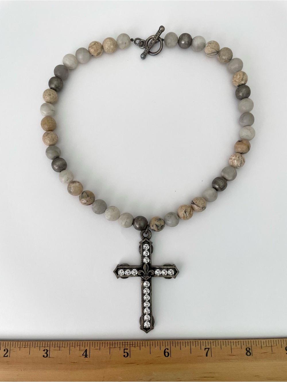 French Kande Neutral Stone Beaded Necklace with Crystal Cross Pendant - Picture 2 of 3